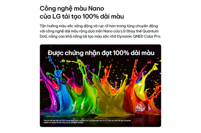LG QNED evo AI QNED82 Mini LED with Dynamic QNED Color Pro fills the screen with vivid, fluid bursts of multicolored, paint-like motion, showcasing enhanced color vibrancy certified for 100% Color Volume.